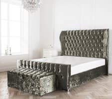 Image of DARK SILVER CRUSHED VELVET WESTMINSTER WINGED BED + MATTRESS + BUTTON CHOICE