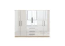 Image of Large 6 Door Mirrored High Gloss White Fitment Wardrobe - 3 Drawers