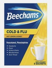 Image of Beechams Cold Flu Hot Lemon Honey headache fever aches pains blocked nose sachet