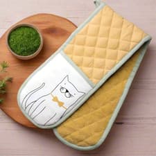 Image of Colourful Cat Double Oven Gloves Mitts Gold White Pot Holder Gift Playful Pets