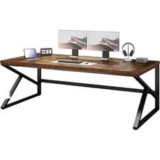 Image of HSH Computer Desk Black Metal Brown MDF Home Office Table Rectangular Boxed