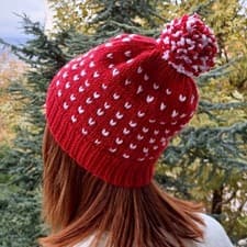 Image of Fair Isle Hand Knit Beanie Hat, Heart Pattern Slouchy Pom Pom Wool Winter Hat