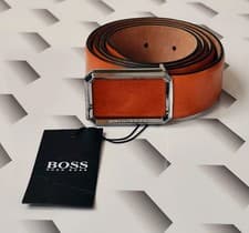 Image of Hugo Boss Ereso Tan Leather Belt Size 36 Waist BNWT Polished Chrome Buckle New