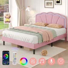 Image of 4ft6 Double Bed Frame Pink Velvet Upholstered Bed LED Headboard Wooden Slats New