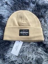 Image of Calvin Klein Jeans Mono logo Patch Beanie In Tan/Light Brown - One Size