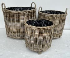 Image of Rattan Wicker Round Planter Basket Lined Outdoor Garden Patio Pot Grey & Buff