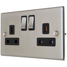 Image of Matt Brushed Chrome Socket 2 Gang Double Pole 13A Black Trim Switched 13 Amp