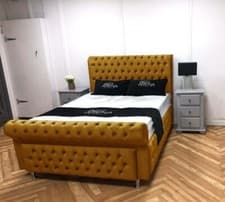 Image of Plush Velvet Sleigh Bed Chesterfield Bed, Bed Frame Double Bed, King, Super King