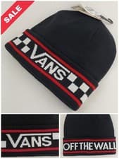 Image of VANS STACKTON STRIPE OFF THE WALL BEANIE HAT BLACK/WHITE RED VANS CHECK/ LOGO 