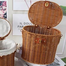 Image of Woven Storage Basket Farmhouse Rural with Handle and Lid Portable Organizer for