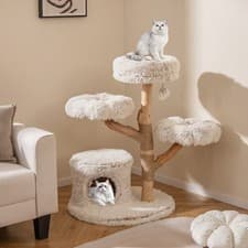 Image of Modern Cat Tree 102 CM Tall Real Wood Branch Kitten Tower-White