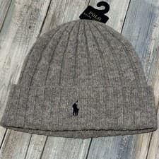 Image of Polo Ralph Lauren Men's Light Grey/Navy Pony Wool Blend Logo Ribbed Cuff Beanie