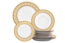 Image of Dinnerware Set Service for 4 - White/Gold Greek Key Inspired Design Tableware