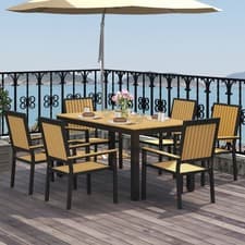 Image of Garden Dining Set 6 Seater Aluminium Table Stackable Chairs Wood Effect