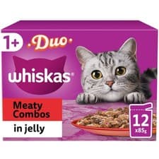 Image of 96 x 85g Whiskas 1+ Duo Meaty Combos Mixed Adult Wet Cat Food Pouches in Jelly