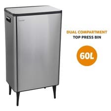 Image of Kitchen Rubbish Recycling Press Top Bin 60L Dual 2 Waste Compartment - Silver