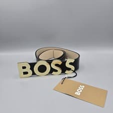 Image of Boss Bold Logo Gold Buckle Black Leather Belt Women's Size S UK 8 New RRP £119