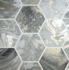 Image of Marbled Hexagon Geometric Charcoal Silver Grey Metallic Marble Wallpaper 908502