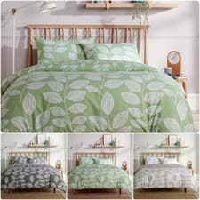 Image of Leaves Printed Duvet Quilt Cover & Pillowcases Polycotton Reversible Bedding Set