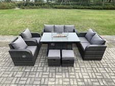 Image of Fimous Rattan Garden Furniture Set Reclining Sofa Gas Fire Pit Dining Table Sets