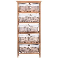 Image of HOMCOM 5 Drawer Wicker Basket Storage Shelf Unit Wooden Frame Home Natural