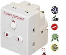 Image of 3 Way 13A Switched Surge Protected adaptor UK Mains Plug-in With Neon Switched