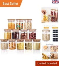 Image of Bamboo-Lidded Glass Jars Set - 250ml Spice & Food Storage with Labels (12 Pack)