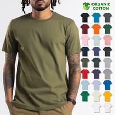 Image of Organic Cotton Mens T-Shirt Plain Short Sleeve Tshirt Crew Round Neck Top Casual