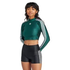 Image of adidas ORIGINALS WOMEN'S 3-STRIPE CROPPED LONG SLEEVE T-SHIRT TEE TOP GREEN NEW