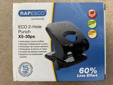 Image of Rapesco ECO 2 Hole Punch X5-30ps, 60% less effort, 30 Sheets, Black, New/Boxed
