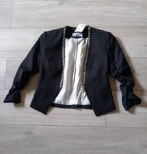 Image of HM Black Cropped Jacket BNWT Beaded Trim Ruched Sleeves Party Evening Smart UK6