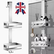 Image of 2-Tier STAINLESS STEEL HANGING SHOWER CADDY Over Door Shower Shelf-With 4 Hooks