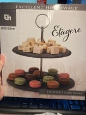 Image of Excellent Housewares Natural Slate 2 Tier Handled Cake Stand NEW, sealed