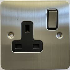 Image of Eurolite 1 Gang 13A DP Switched Socket Satin Stainless Steel FLAT Black Trim