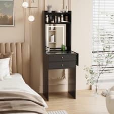 Image of Black LED Lighted Dressing Table 2 Drawer Makeup Vanity Desk with Side Panel