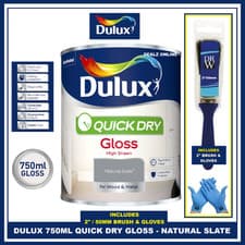 Image of Dulux Quick Dry Natural Slate 750ML Gloss Paint Wood Metal FREE BRUSH & GLOVES