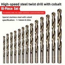 Image of Box Of 10 x HSS Gold Cobalt Jobber Drill Bit For Stainless & Hard Steels. Drills