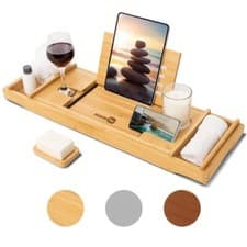 Image of Extendable Bamboo Bathtub Caddy Rack Wooden Bathroom Shelf Storage Organiser UK