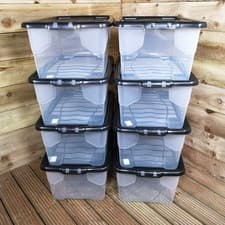 Image of 8 x 42L Clear Storage Box with Black Lid Stackable and Nestable Storage Solution