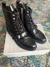 Image of All Saints DAYNA Black Patent Leather Ankle Biker Boots UK 7 BNWT