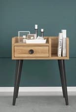 Image of Modern wood Bedside Table - Walnut Brown Table stand with Drawer & shelves