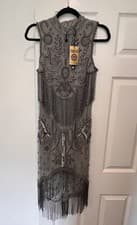 Image of Biba beaded khyle dress Grey Silver sequin cocktail Gatsby mini Dress Size uk 10