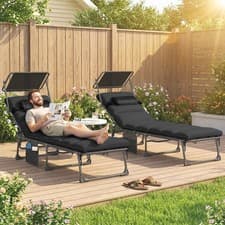 Image of Folding Sun Loungers Set of 2 with Canopy, Sun Bed with Cushion, Black