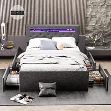 Image of Double Bed Frame with LED Lights, 4 Drawers, Charging Station Metal Platform Bed