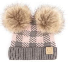 Image of Baby Authentic C.C Exclusive Grey/Pale Pink Buffalo Plaid Fur Pom Beanie NWT