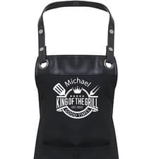 Image of Personalised Apron Faux Leather Trim Mens King Of The Grill, BBQ Cook, BARBECUE