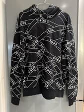 Image of BOSS Hugo Boss Men’s All Over Logo Lined Pullover Hoodie Black White £179 Large 