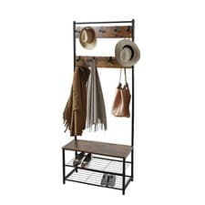 Image of Coat Rack Stand with Shoe Storage Bench 9 Hooks Rustic 2 Colours Entrance Hall