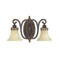 Image of Twin Wall Light Detailed Back Plate Glass Shades Walnut Finish LED E27 100W