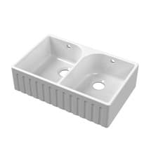 Image of Fireclay Kitchen Double Bowl Fluted Front Butler Sink Full Weir 795mm